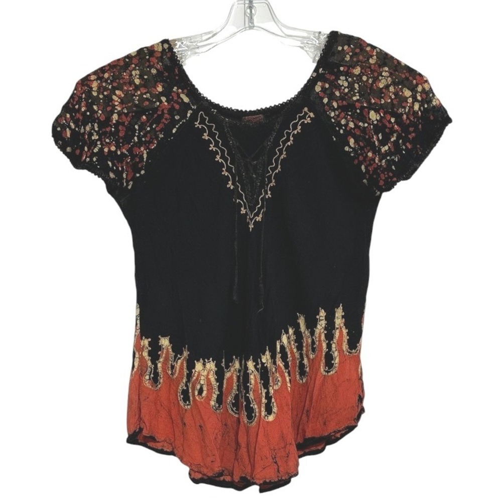 Advance Apparels Batik Flame Blouse Womens Black Red Boho Embroidered Witchy OS